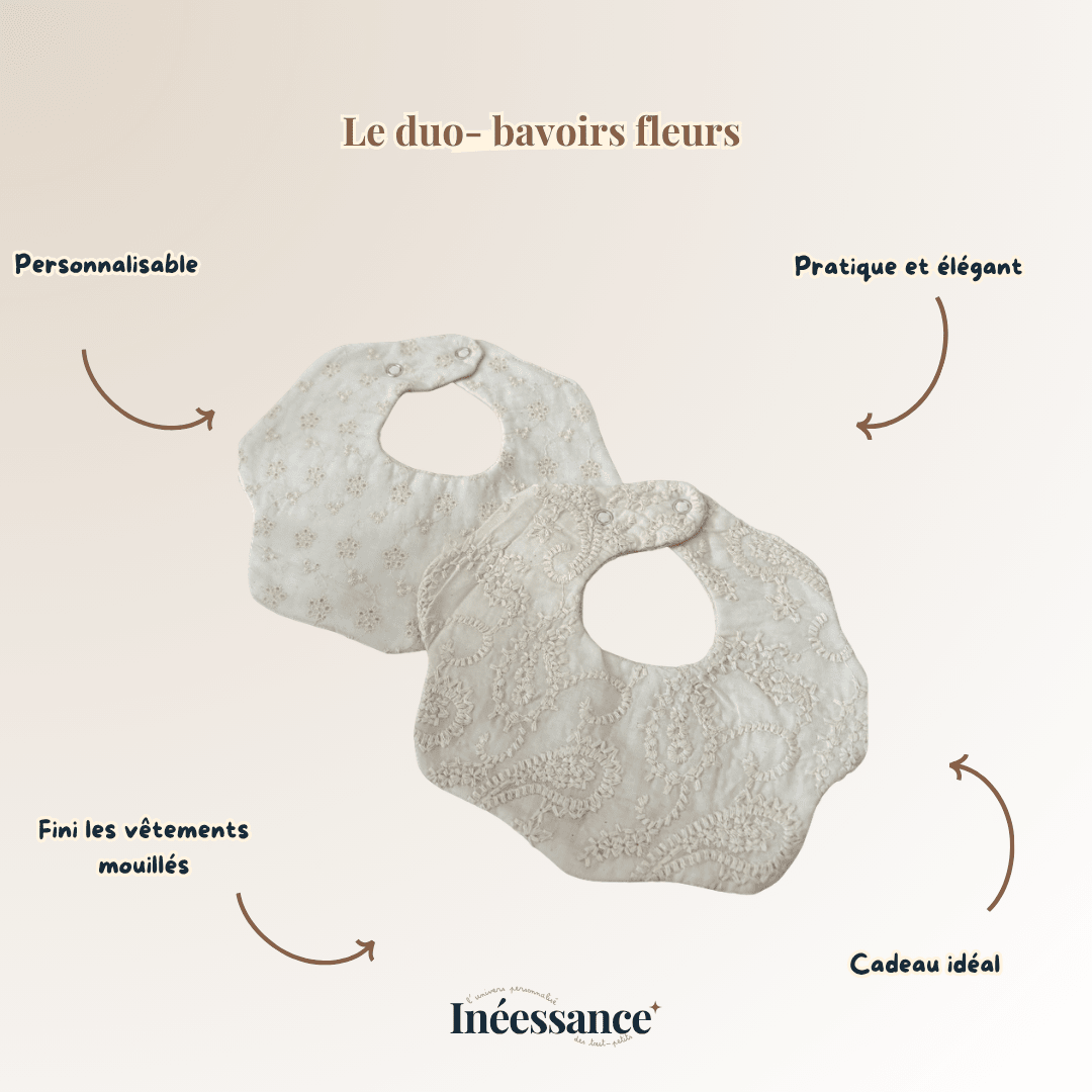 Bavoirs fleurs brodés – Lot de 2