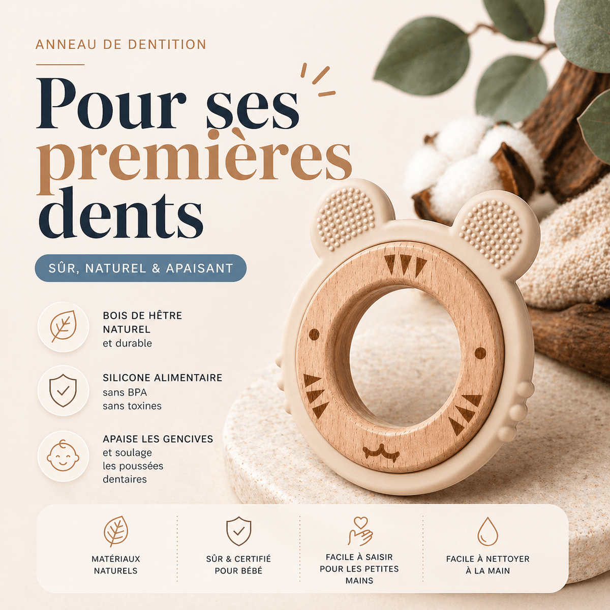 Anneau de dentition ou grignoteur personnalise -  Tigre