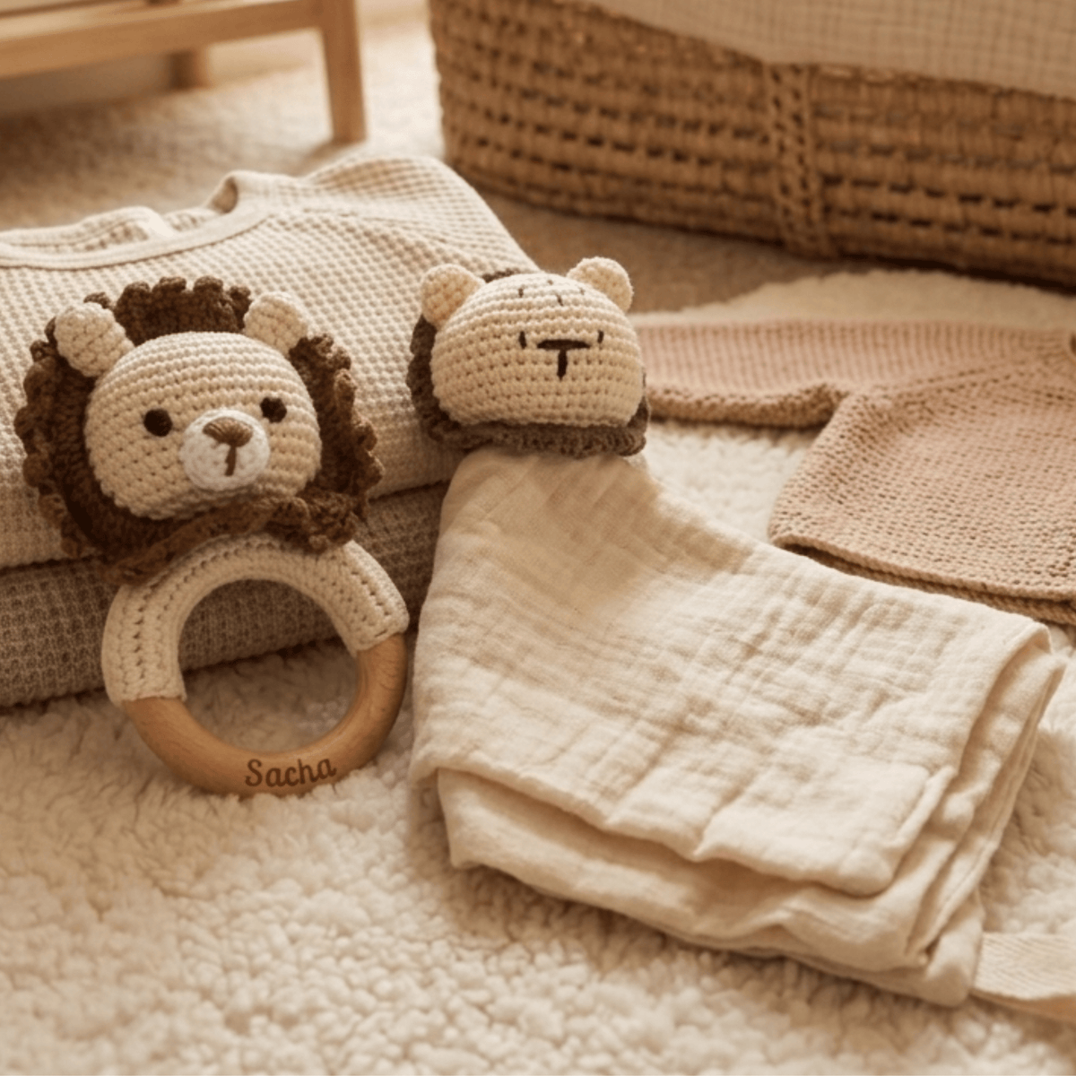 Lot Complice – Doudou & Hochet assortis en coton & crochet